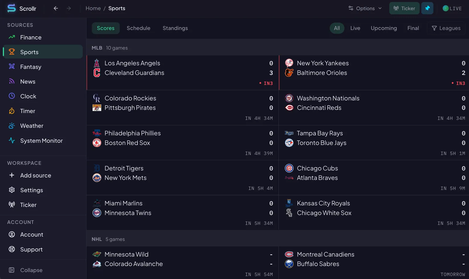 Scrollr desktop app showing live MLB scores with team logos, status pills, and tabs for Schedule and Standings.