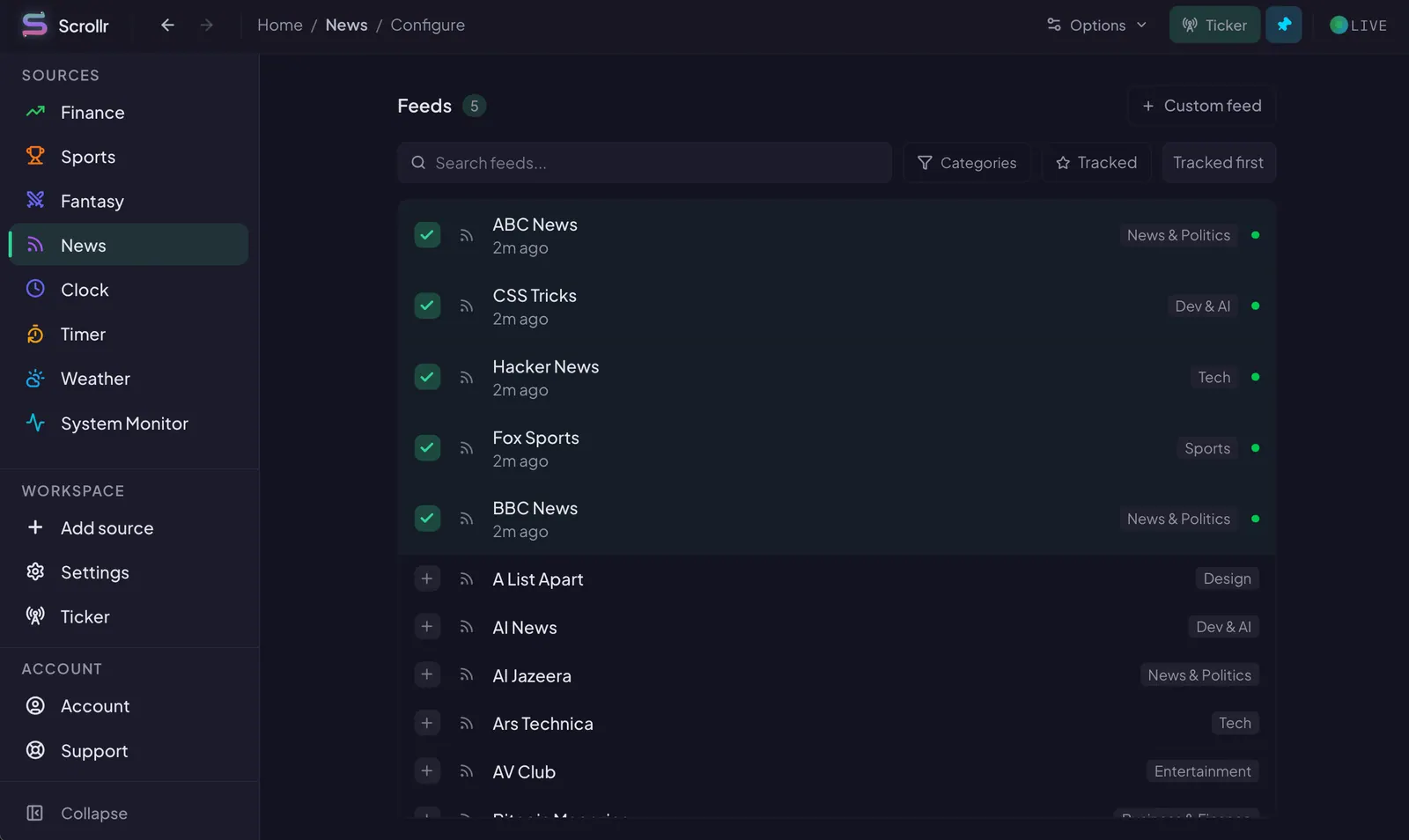 Scrollr news configuration panel for subscribing to RSS feeds across multiple categories.