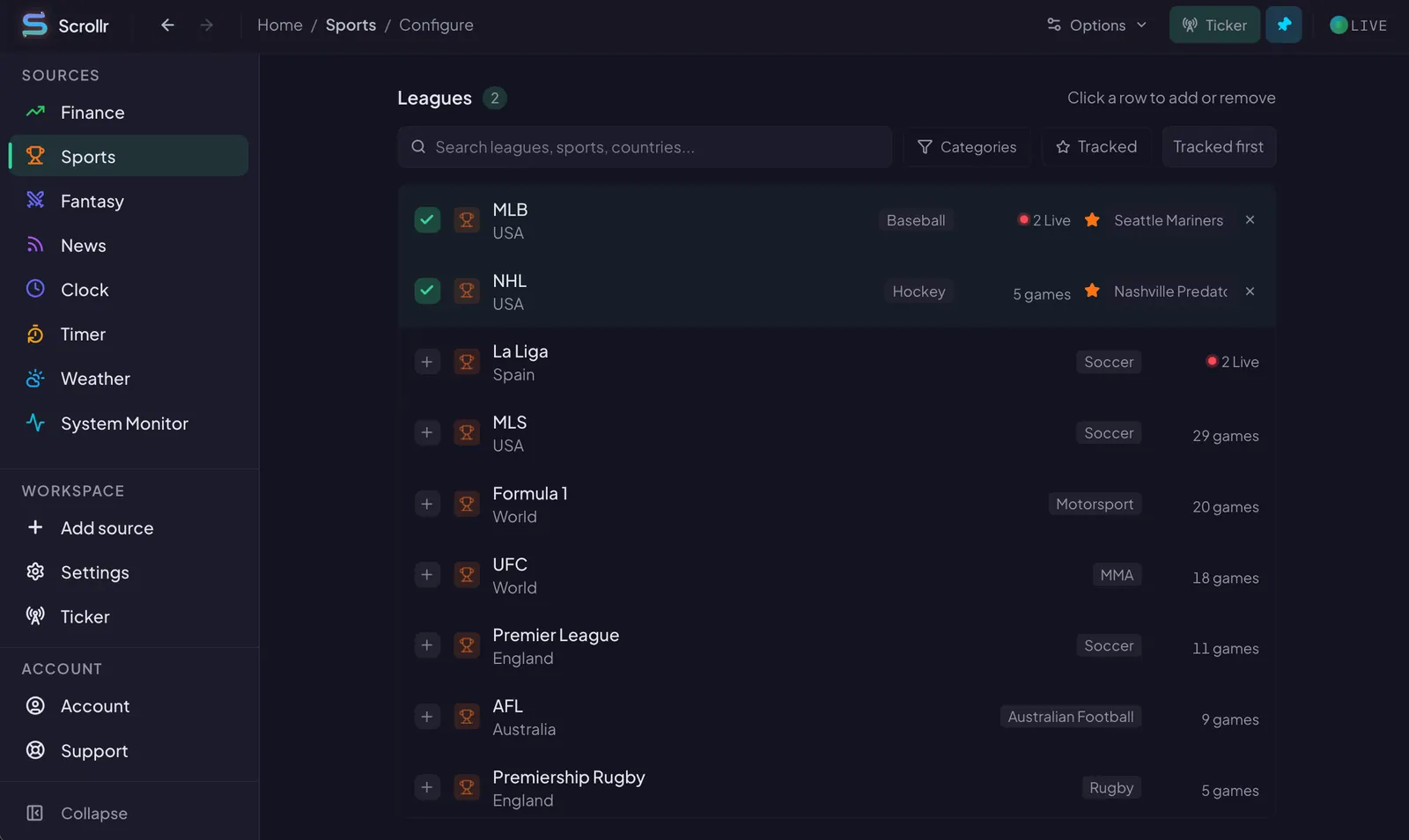 Scrollr sports configuration panel for selecting leagues and teams.