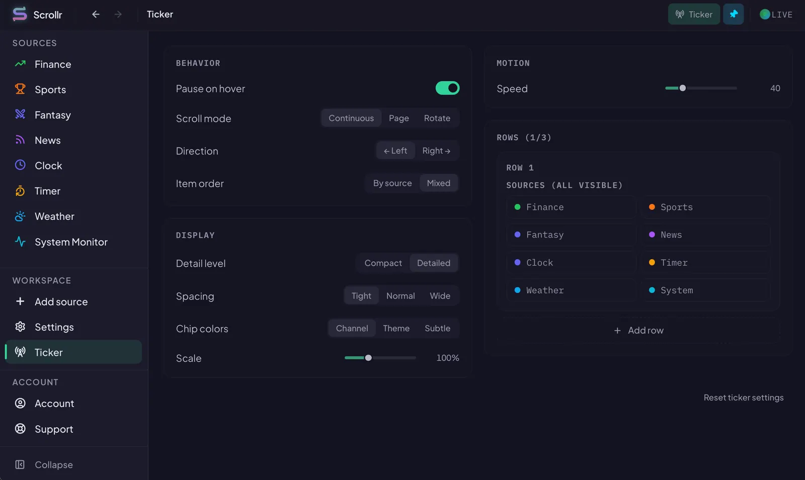 Scrollr ticker settings panel with controls for edge position, scroll speed, row count, and per-row widget assignment.