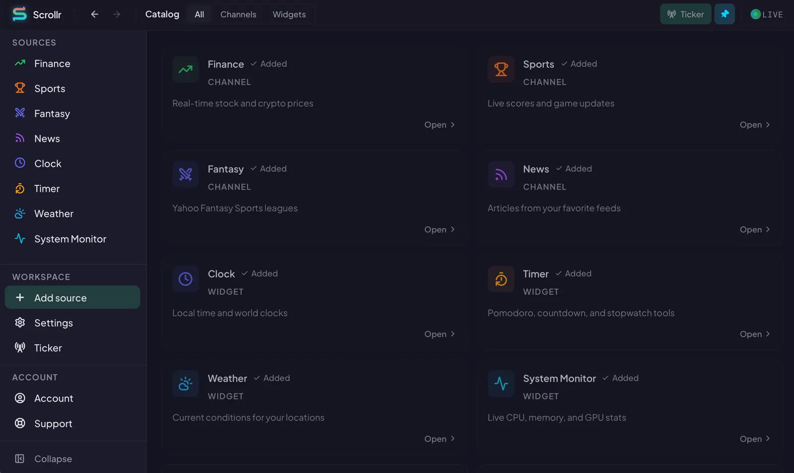 Scrollr source catalog showing Finance, Sports, Fantasy, News, Clock, and Weather as added, alongside available widgets for System Monitor, Uptime, and GitHub.
