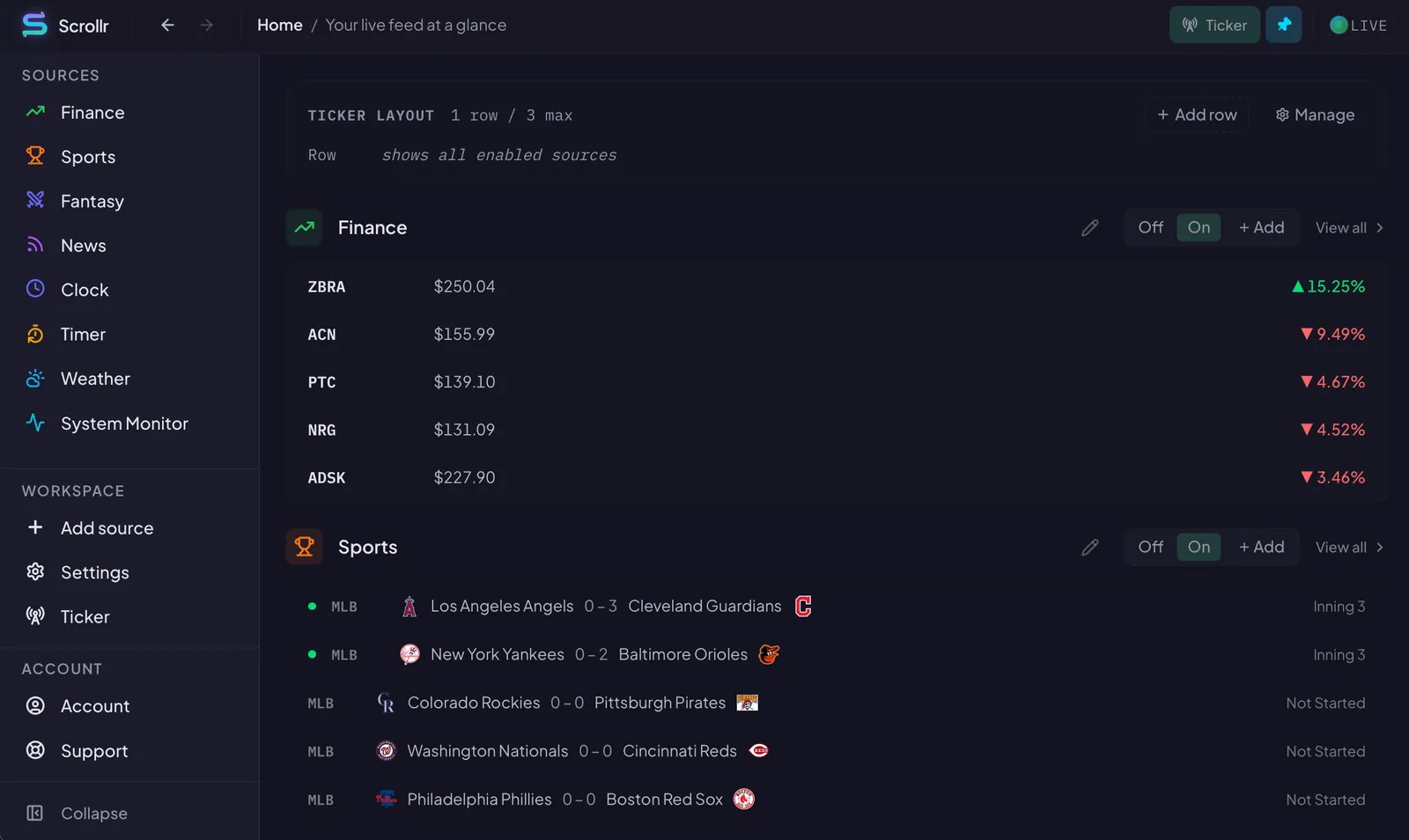 The Scrollr home dashboard showing live widget feeds for scores, prices, and headlines side-by-side.