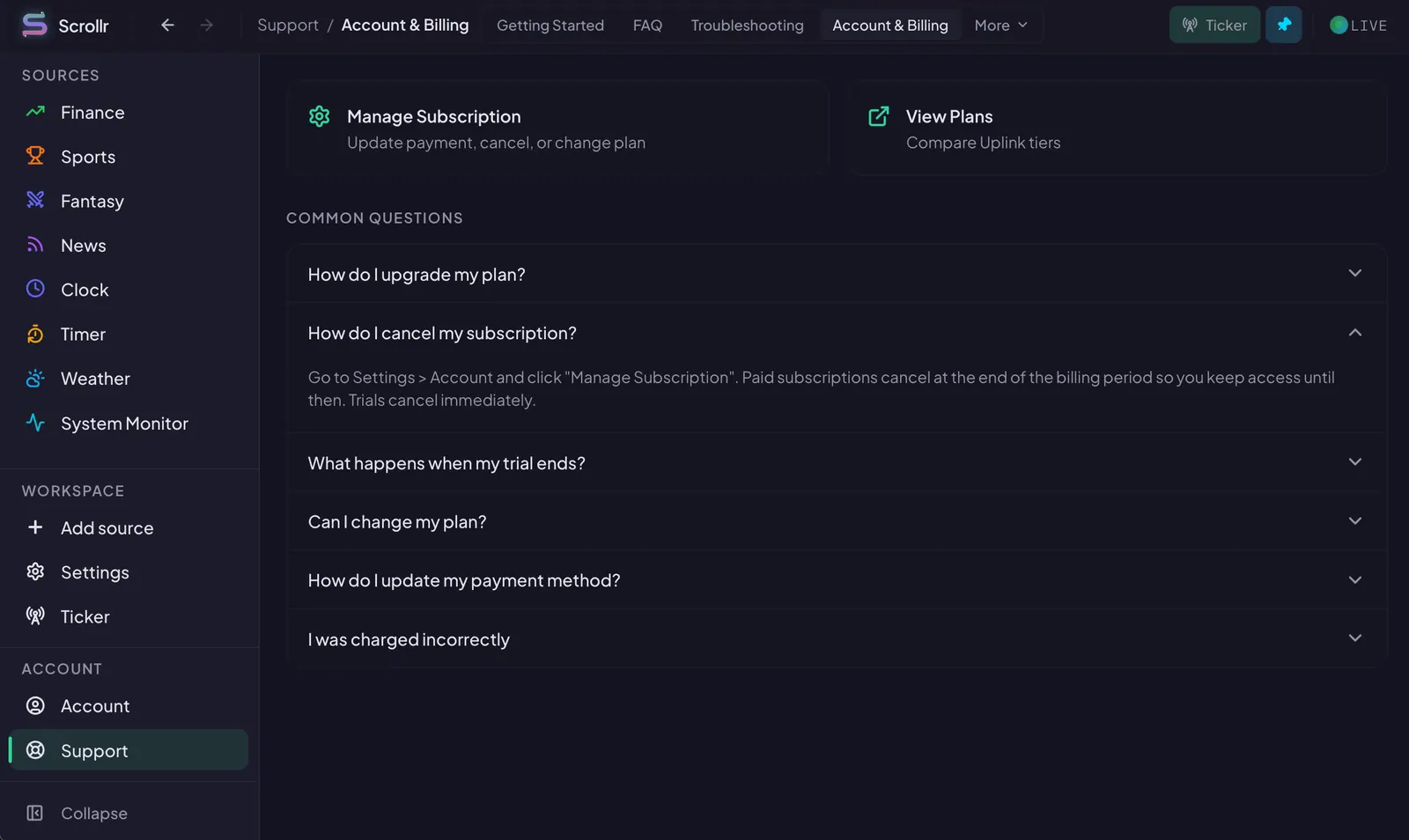 The in-app account and billing tab in Scrollr, showing plan, usage, and payment details.