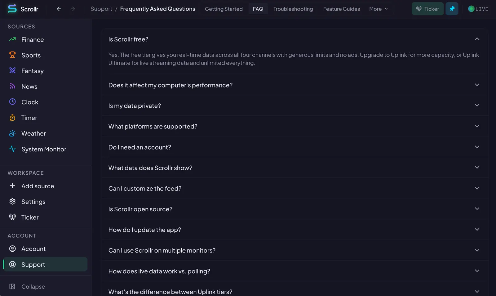The in-app FAQ tab in Scrollr, listing the same questions and answers shown here.