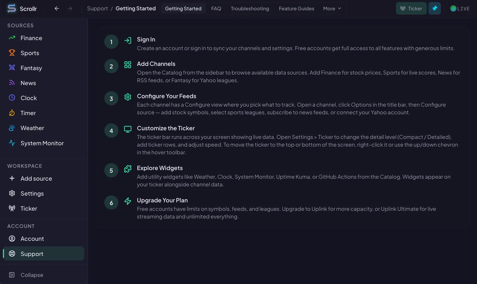 The in-app Getting Started panel in Scrollr, walking through the same setup steps shown here.