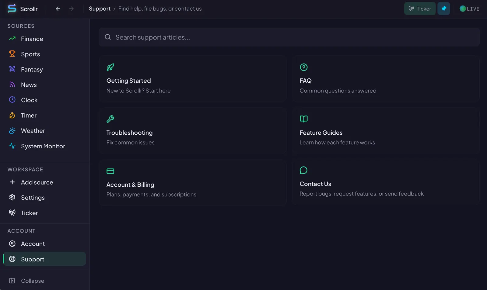 The Scrollr in-app Support tab, with the same Getting Started, FAQ, Troubleshooting, Billing, and Contact sections shown on this page.