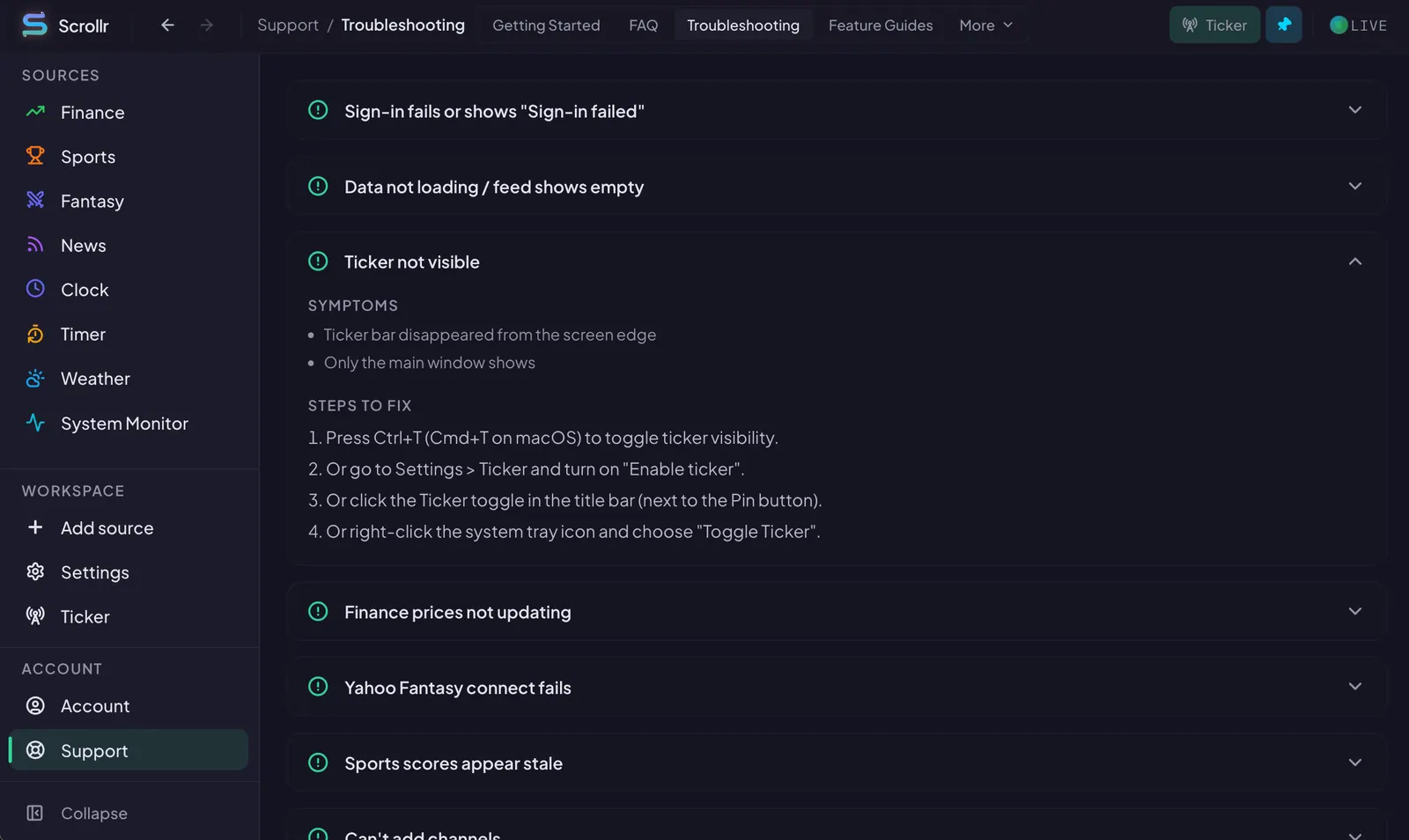 The in-app troubleshooting tab in Scrollr, listing the same articles and remediation steps shown here.