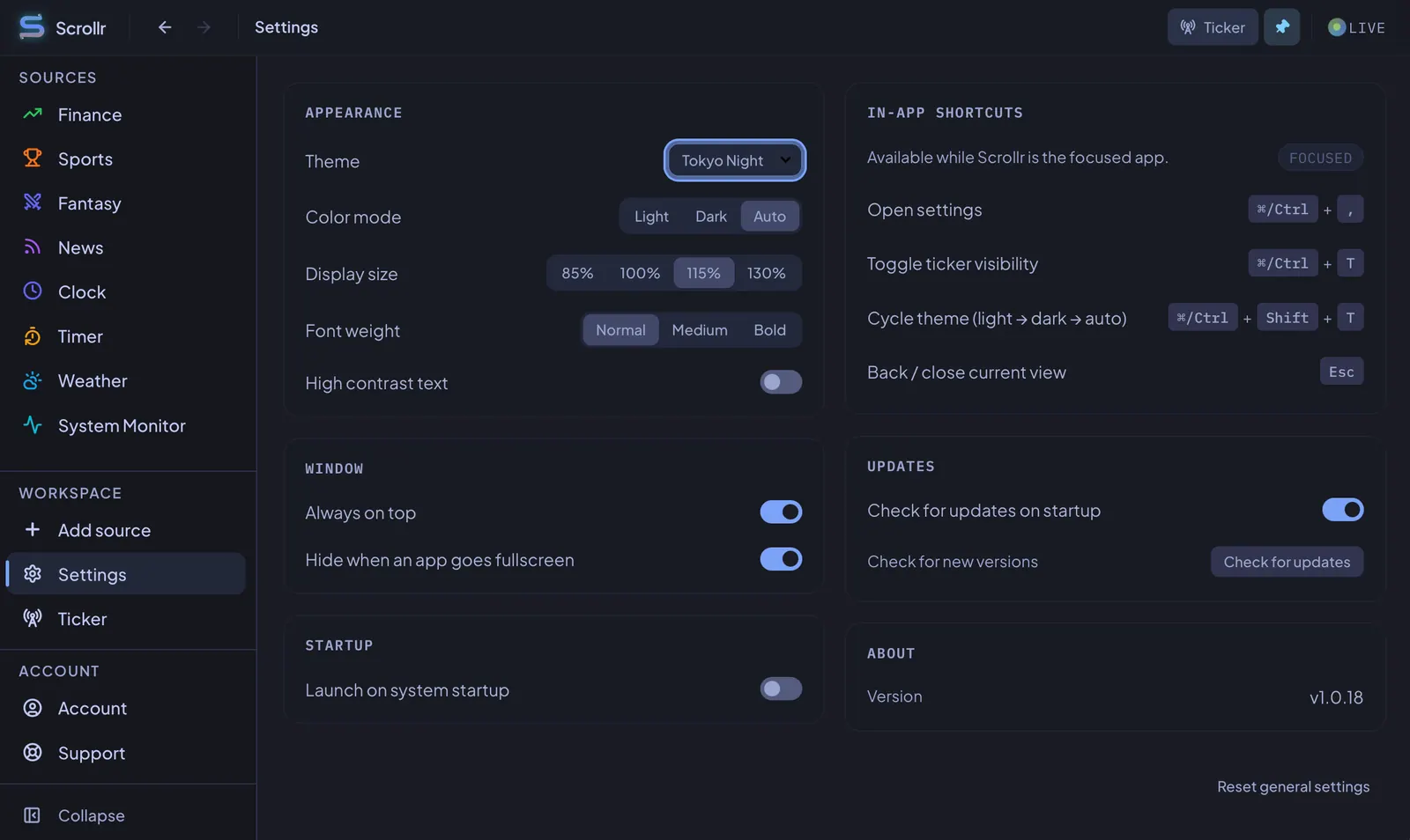 Scrollr settings panel rendered in the Tokyo Night dark theme.