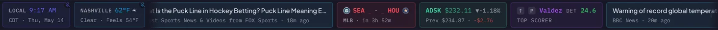 Scrollr ticker showing sports, finance, news, and fantasy together in the detailed density.