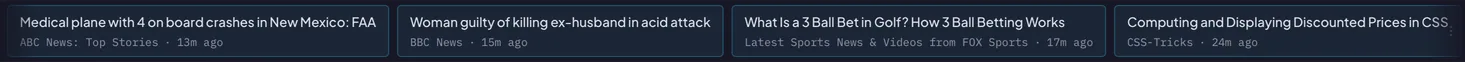 Scrollr ticker showing recent RSS headlines with source attribution in the detailed density.