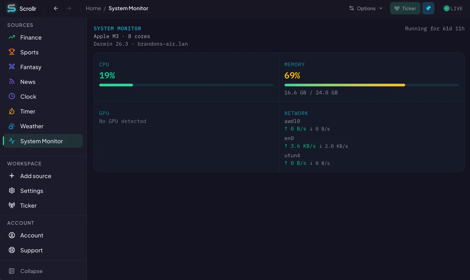 Scrollr system monitor widget showing CPU and memory usage with visual progress bars and system stats.