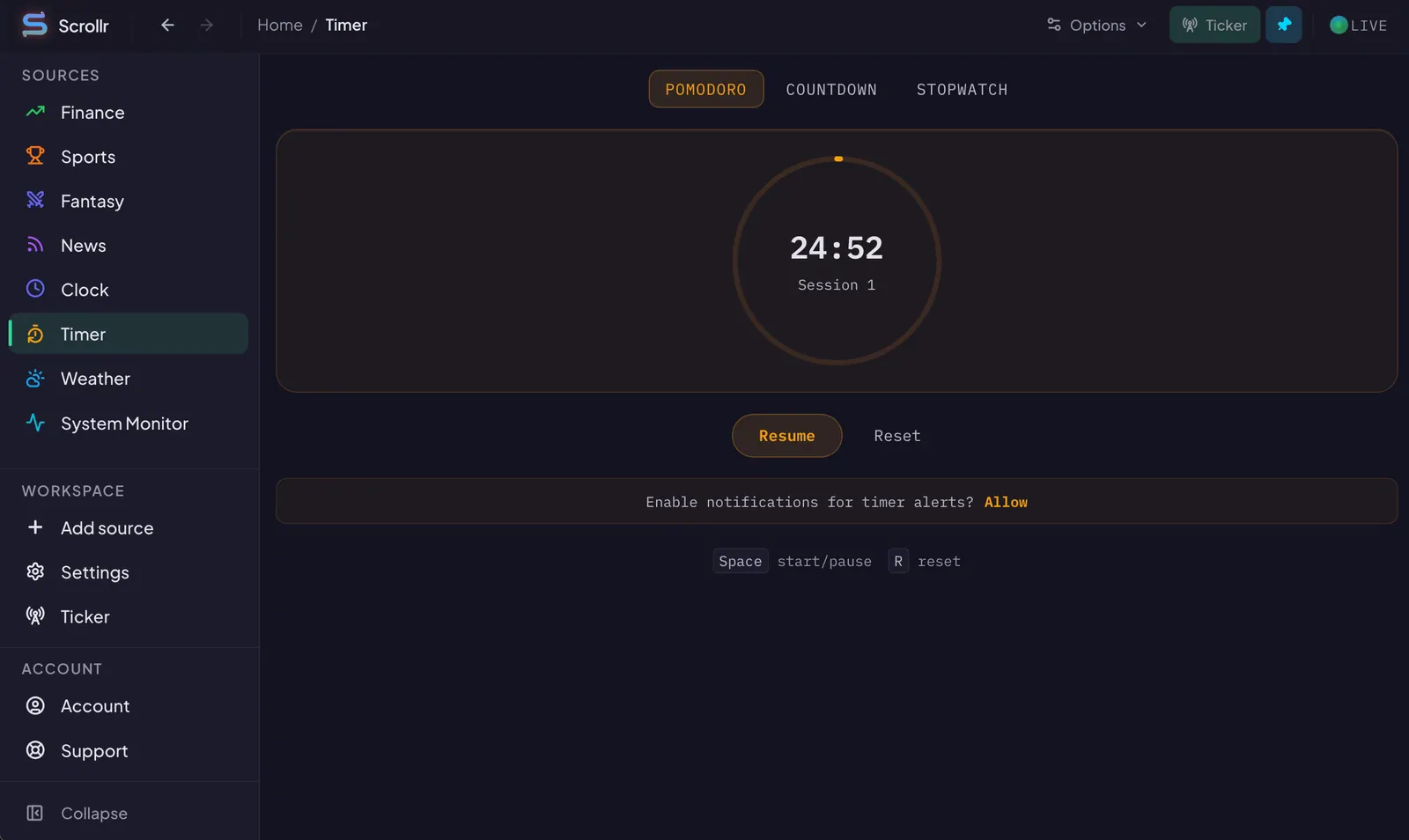 Scrollr timer widget showing a Pomodoro session with controls for play, pause, and reset.